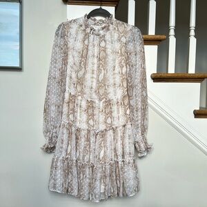 Karlie dress, size Small, chiffon snake print taupe/cream tiered dress, NWT
